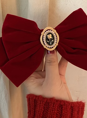 富家千金！黑色丝绒玫瑰花蝴蝶结发夹复古法式顶夹小香风抓夹发饰