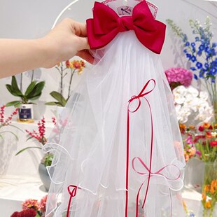 儿童发夹红色蝴蝶结头饰女童发卡公主头纱超仙小女孩花童发饰生日