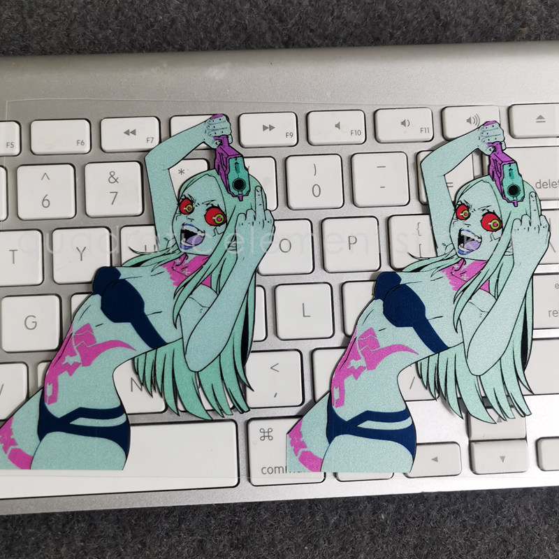 meme竖中指丽贝卡二次元动漫赛博朋克2077反光贴纸防水机箱车身