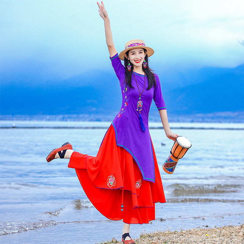 中长袖民族风薄刺绣棉女