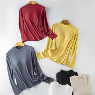 罗文半高领罩杯一体打底衫女 秋冬带胸垫打底长袖上衣修身美体T恤