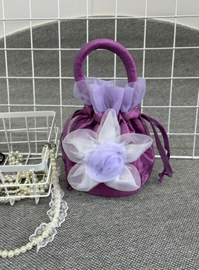 复古紫色缎面手提包女款优雅气质立体花设计小方包晚宴
