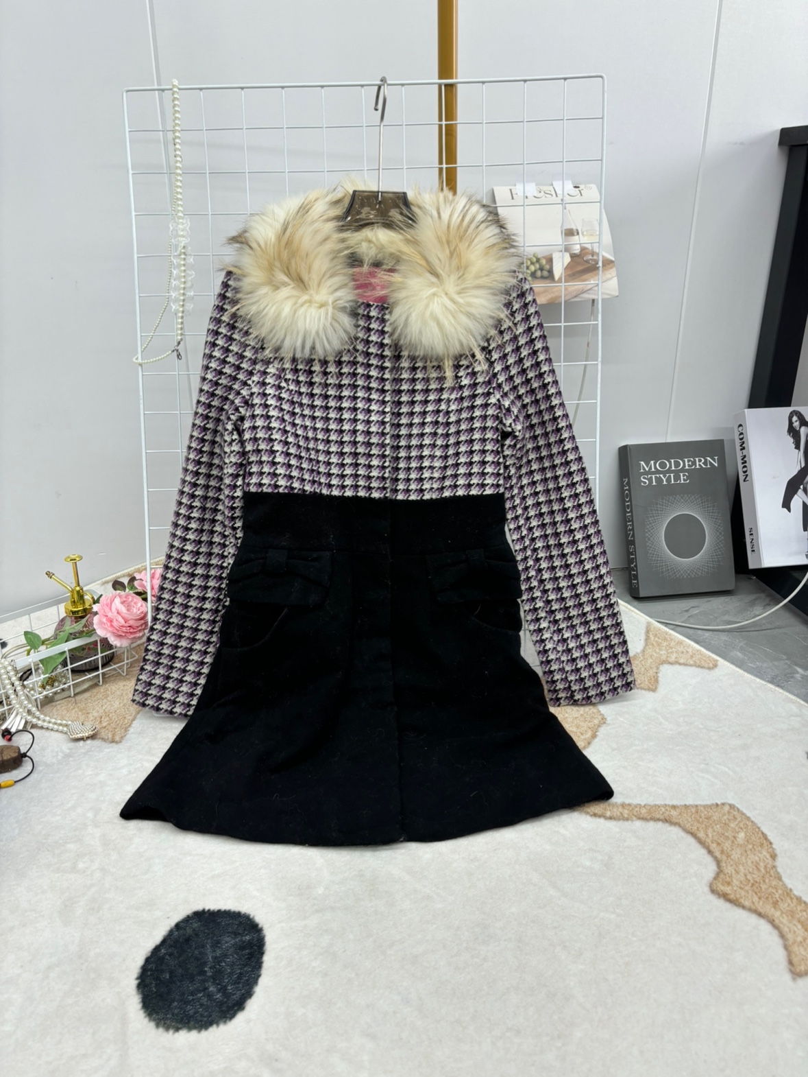 千鸟复古圆领拼接毛呢甜美修身毛领外套新款设计显瘦气质春秋收腰