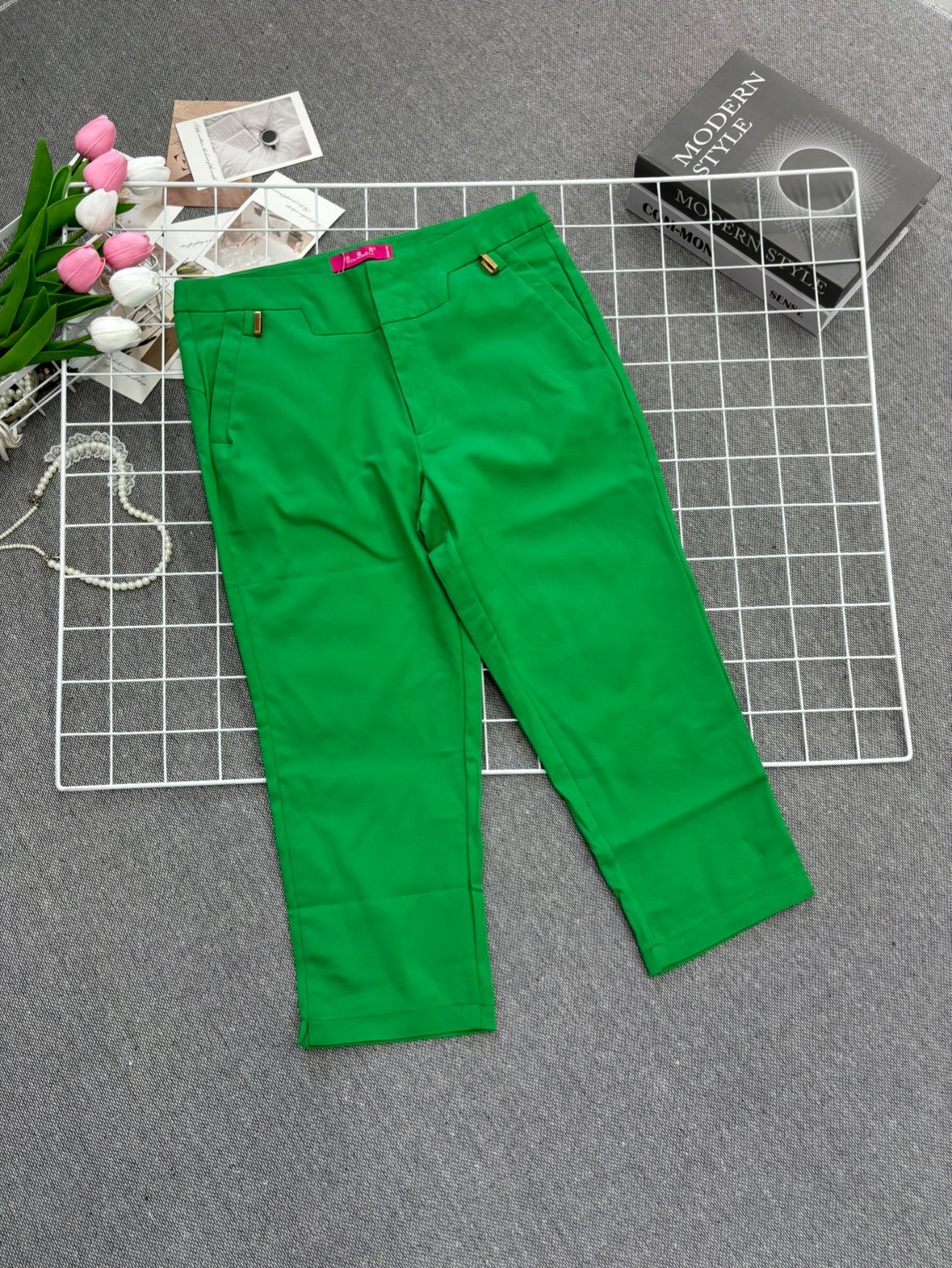 时尚夏季绿色新款休闲裤薄款七分裤高腰显瘦裤子修身宽松弹力