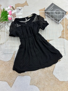 连衣裙女款 黑色气质显瘦减龄翻领拼接蕾丝短袖 名媛风 时尚 2025新款