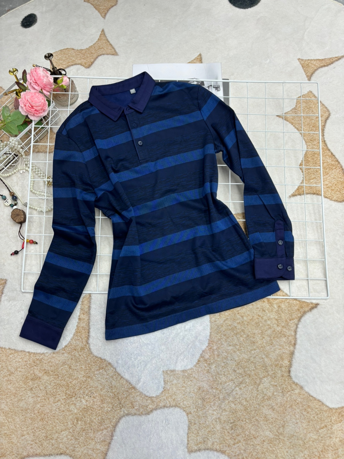 男士高端时尚条纹翻领长袖衬衫春秋新款宽松显瘦气质款上衣