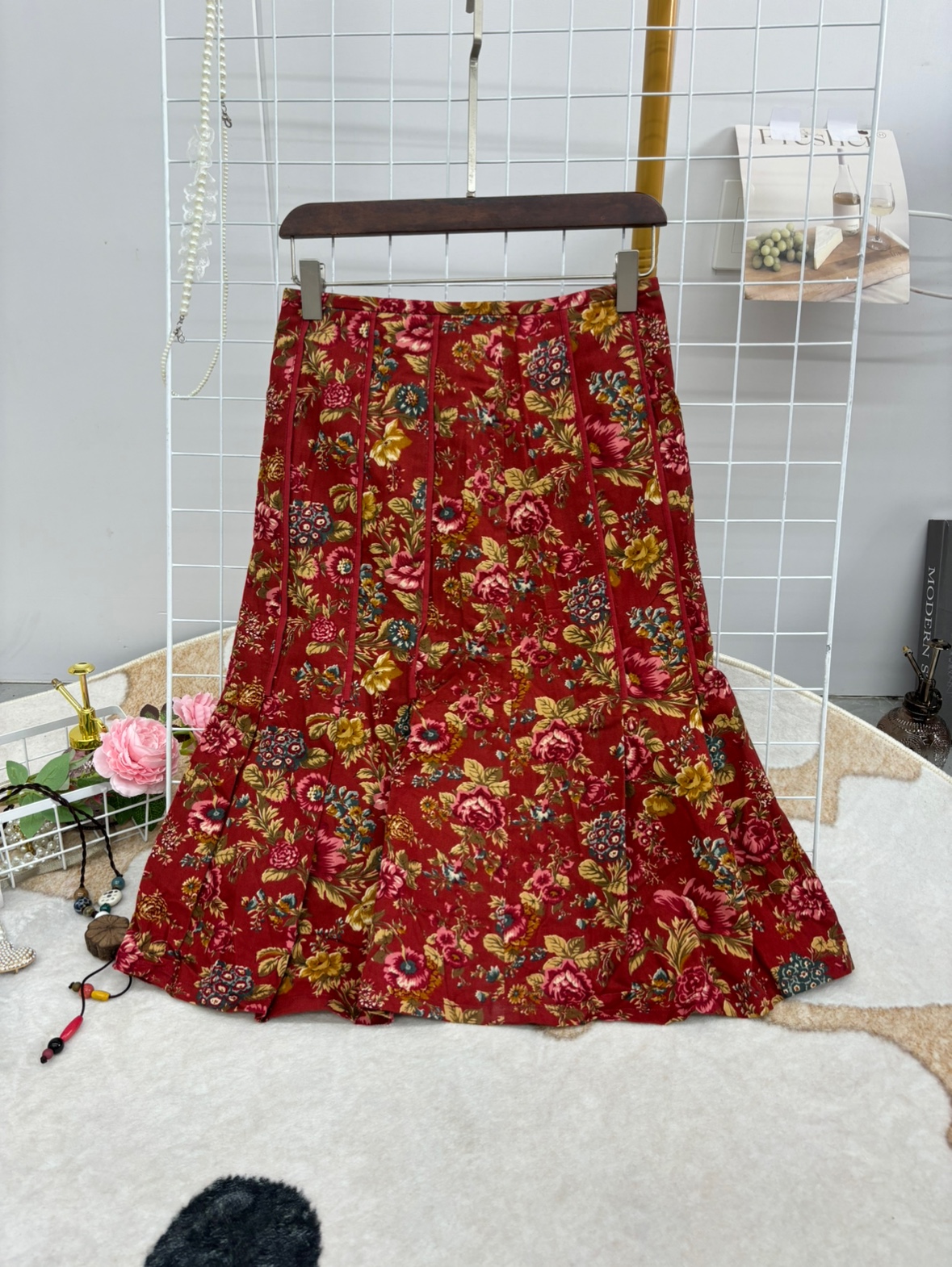 文艺美式复古碎花鱼尾高级半身裙磨毛时尚微厚秋冬红色气质款