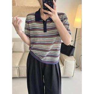 O通勤减龄彩条拼色polo衫 女早秋新款 休闲宽松纽扣翻领套头针织衫