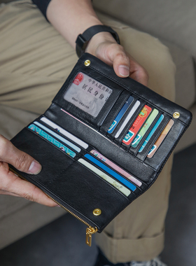 古造真皮男士长款钱包植鞣头层牛皮多卡位大容量手拿多功能卡包女