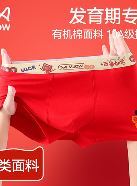 猫人儿童内裤本命年红色A类精梳棉男童青少年平角裤2026新年喜庆
