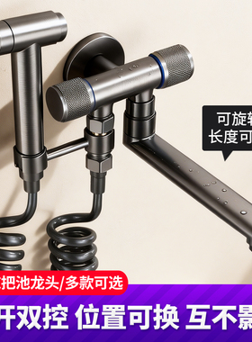 德国拖把池水龙头枪灰色全铜带喷枪可旋转一进二出阳台拖布墩布池