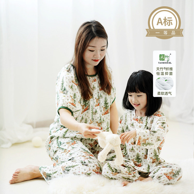 夏季竹棉纱布亲子家居服轻薄透气婴幼儿宝宝睡衣套装儿童长袖长裤