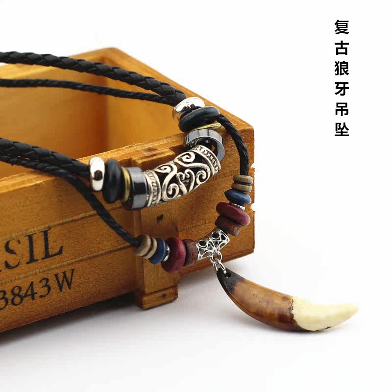 复古民族风做旧款黑狗牙项链 潮男新款骨质真牙吊坠挂链
