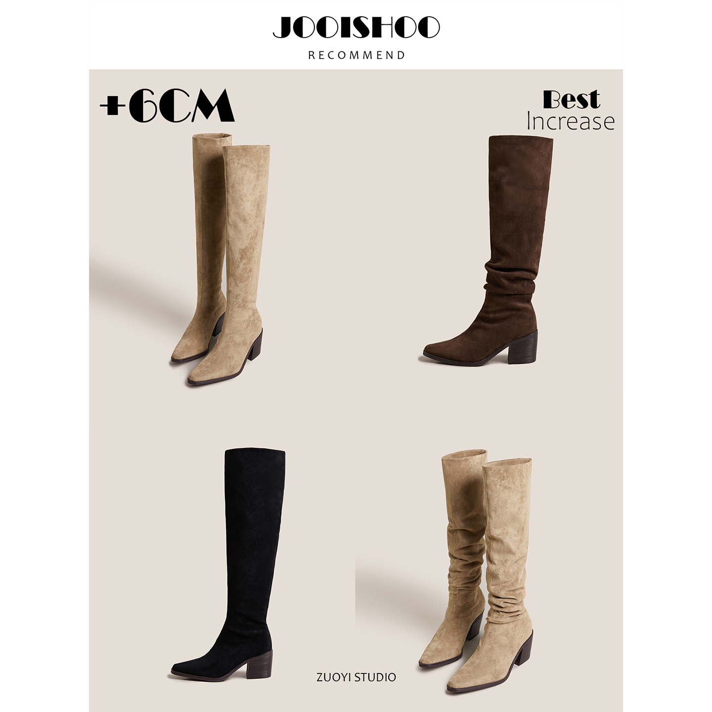 欧美风尖头粗跟堆堆靴女冬季高筒骑士靴褶皱时装靴