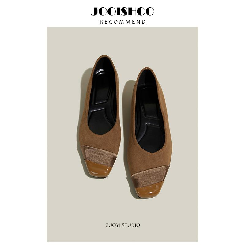 佐一studio羊皮版！法式复古显瘦韩国绒面拼接超软方头平底单鞋