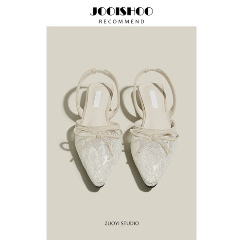 佐一studio法式绝美复古蕾丝网纱尖头平底后空单鞋仙女婚鞋伴娘鞋