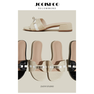 H拖鞋 真皮版 外穿凉拖软底沙滩半拖鞋 一字拖鞋 小金扣鳄鱼纹法式