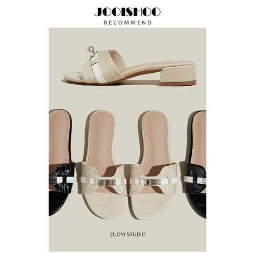 真皮版！小金扣鳄鱼纹法式一字拖鞋外穿凉拖软底沙滩半拖鞋H拖鞋