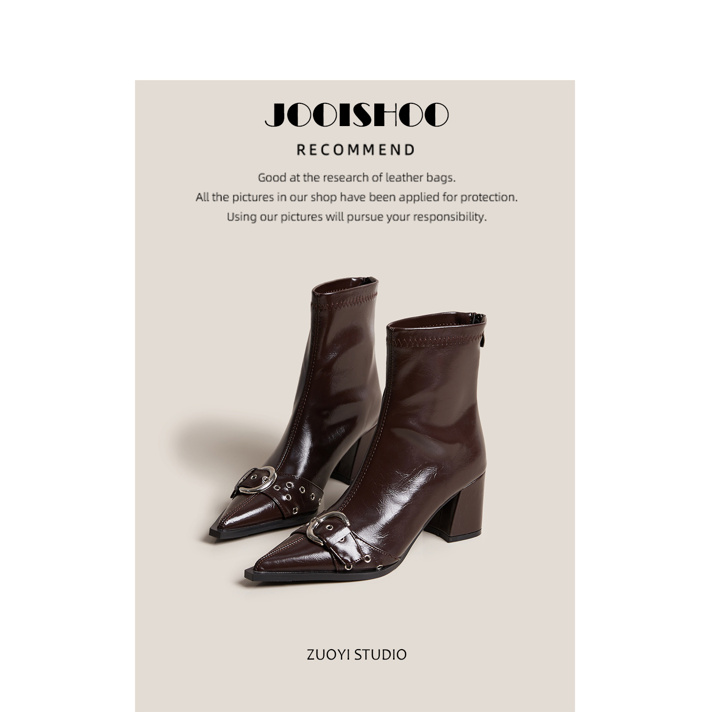 佐一不服2025新款尖头皮带扣粗跟短筒靴女欧美风高跟后拉链短靴