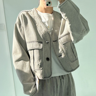 子套装 裤 女 口袋机能风显瘦外套 韩系25春新复古水洗立体剪裁工装