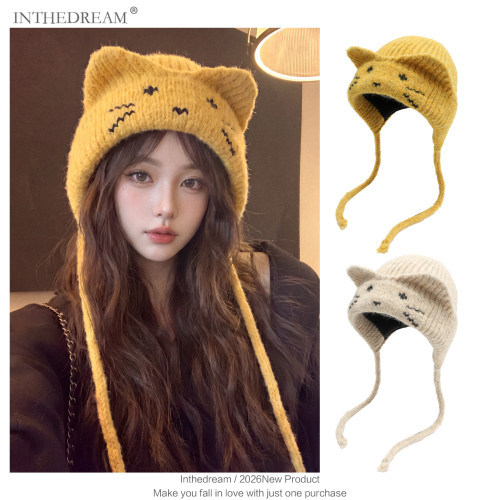 加绒加厚卡通猫咪毛线针织帽子女冬季保暖百搭显脸小护耳户外骑行