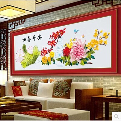 包邮手工新款丝带绣客厅大挂画 四季平安 荷叶荷花 非十字绣钻石