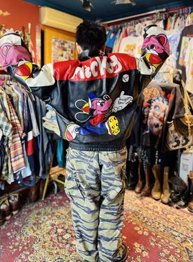 Vintage古着中古米奇卡通棒球皮夹克，L码