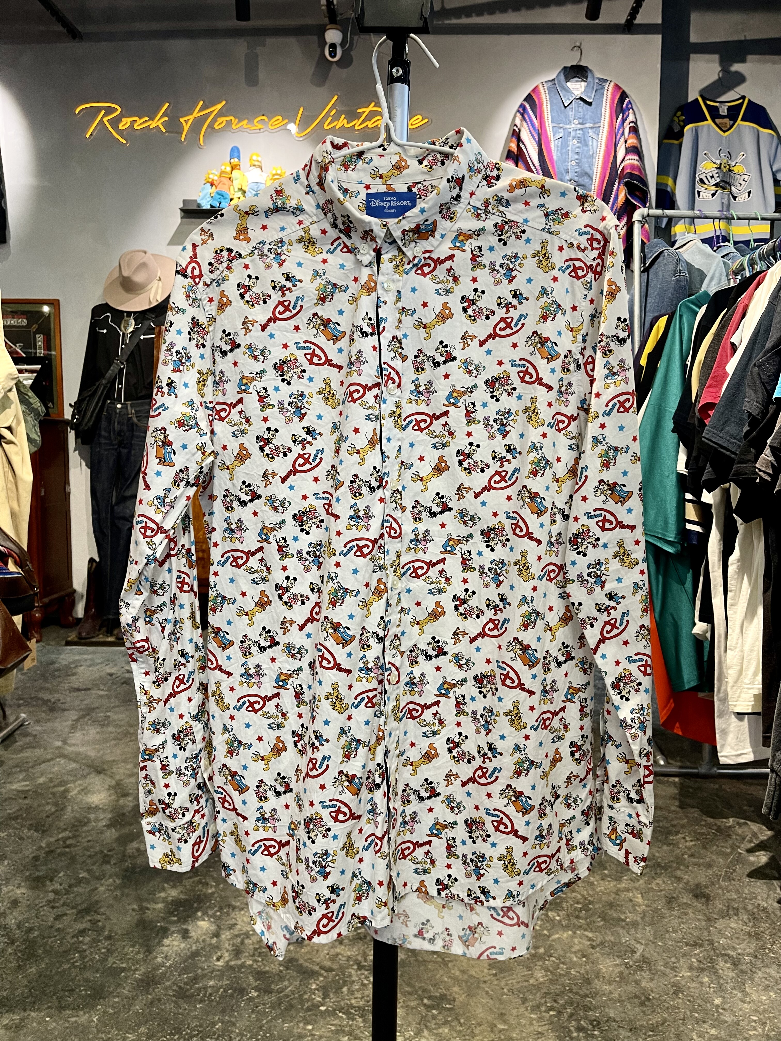 Vintage古着日本东京迪士霓正板米奇卡通纯棉衬衫衬衣