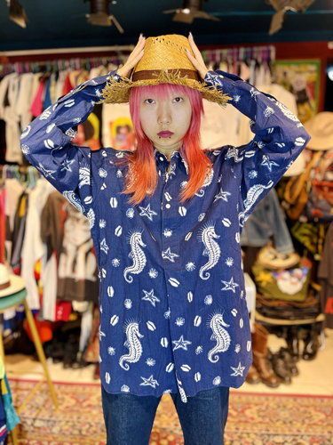 Vintage古着日本制小众品牌Haver Sack纯棉蓝染印花衬衣衬衫