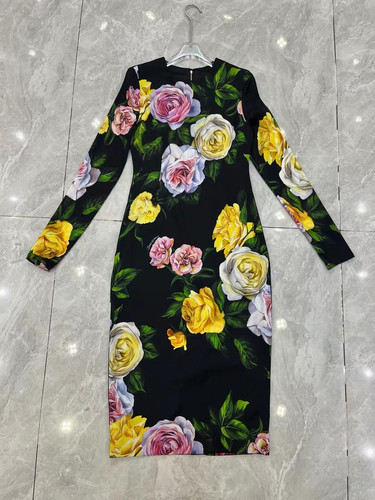 欧美女神D家同款玫瑰与芍药花19姆米弹力双乔长袖收腰真丝连衣裙