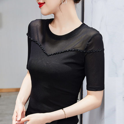 品牌圆领打底小衫高档内搭T恤黑色大码显瘦弹力百搭网纱女式上衣