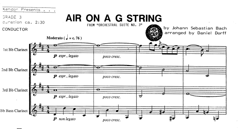 单簧管四重奏-巴赫 g弦之歌总谱分谱