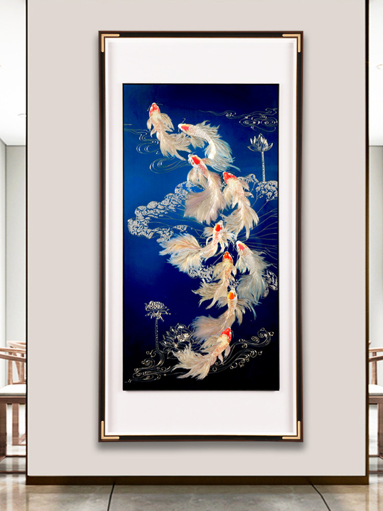 入口入口装饰画莲花九鱼画挂画铜雕画客厅典雅大气2025新走廊