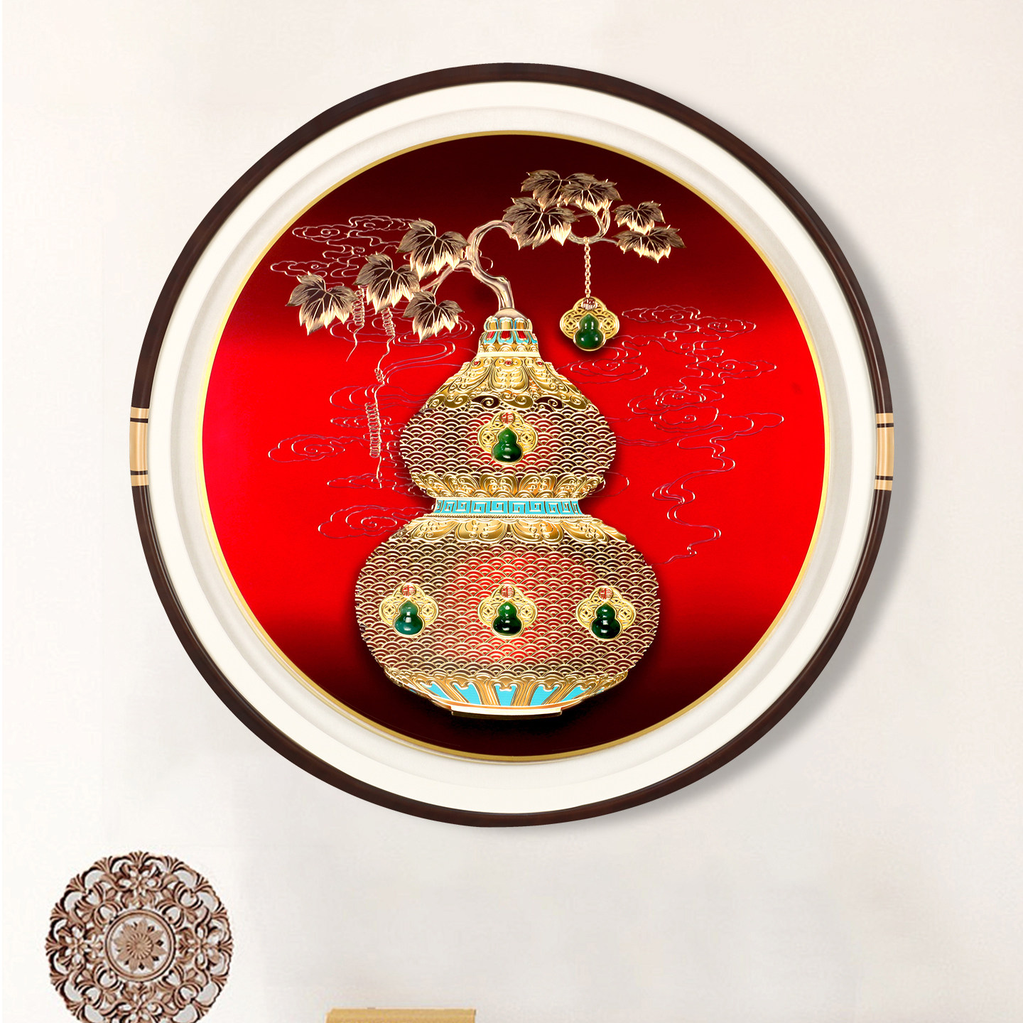 五福临门铜雕画入户玄关圆形装饰画铜镶玉客厅餐厅挂画红色高端