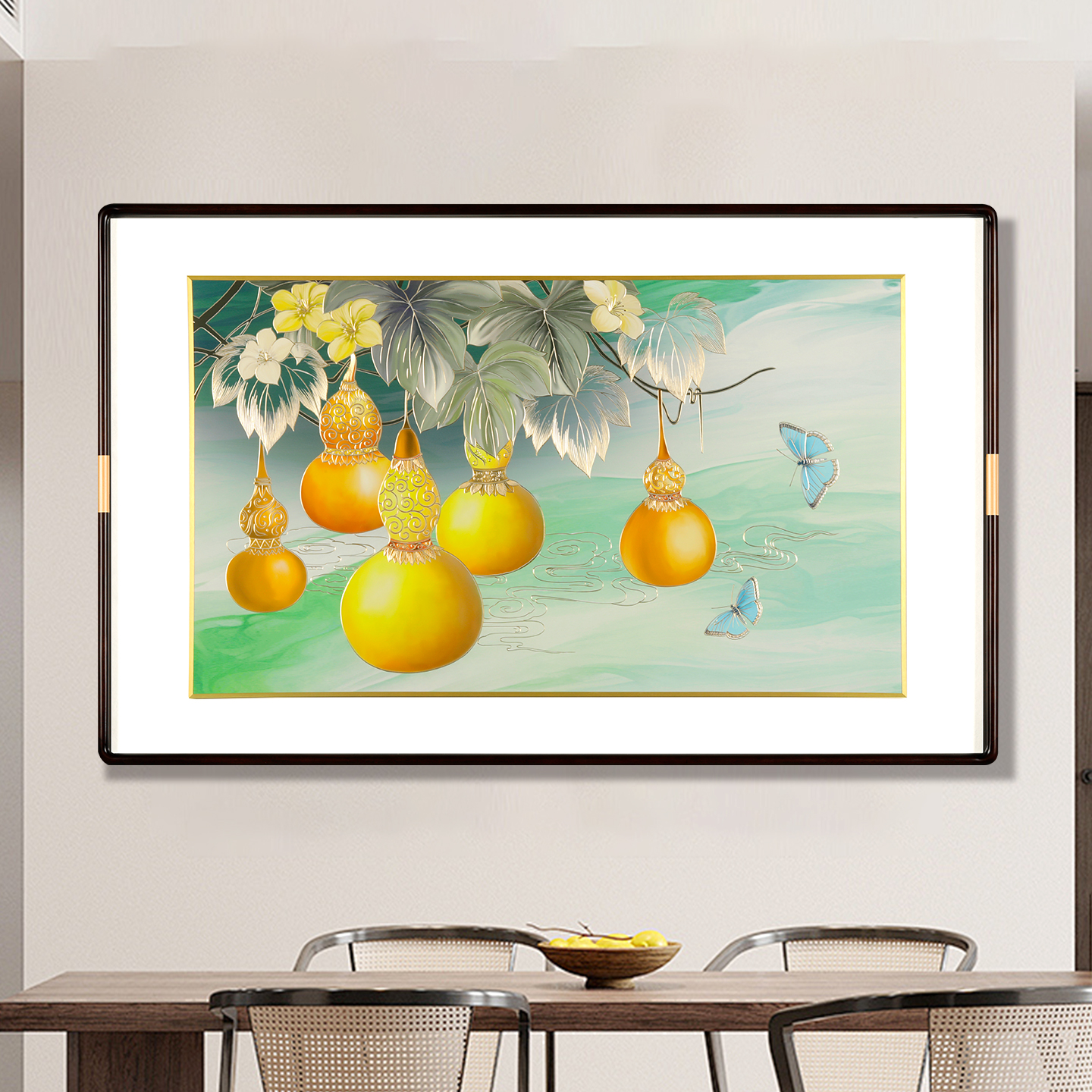 五福临门餐厅画铜雕画新中式葫芦装饰画客厅挂画寓意好福禄寿喜