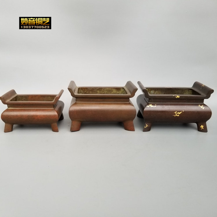 仿古铜香炉黄铜四方鼎炉家用中式供佛宣德炉长方形熏香炉供奉摆件