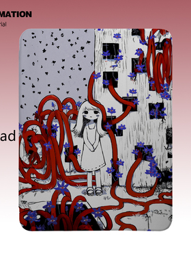 三壳壳原创红白色风格可爱女孩插画平板保护套适用于苹果IPAD/air/5/4/3/mini6/华为代三折书本/款蚕丝纹防摔