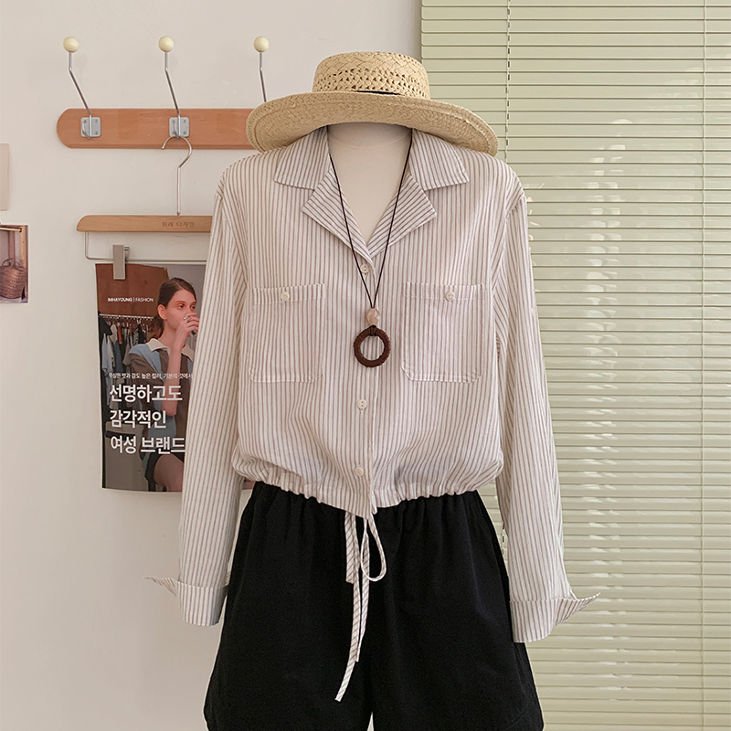 花花家韩系2025夏季新款翻领宽松显瘦条纹衬衫女口袋抽绳衬衣外套