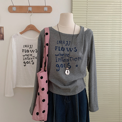 花花家韩系2025秋季新款显瘦休闲长袖T恤女斜肩圆领设计感上衣女