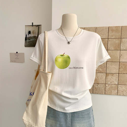 花花家韩系青苹果印花短袖T恤女2026春季新款慵懒圆领休闲上衣女