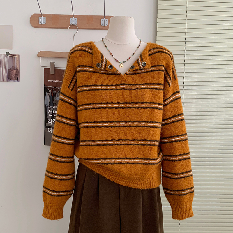 花花家韩系2025秋冬新款慵懒风条纹毛衣女显瘦套头针织衫外套上衣