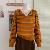 花花家韩系2025秋冬新款 慵懒风条纹毛衣女显瘦套头针织衫 外套上衣