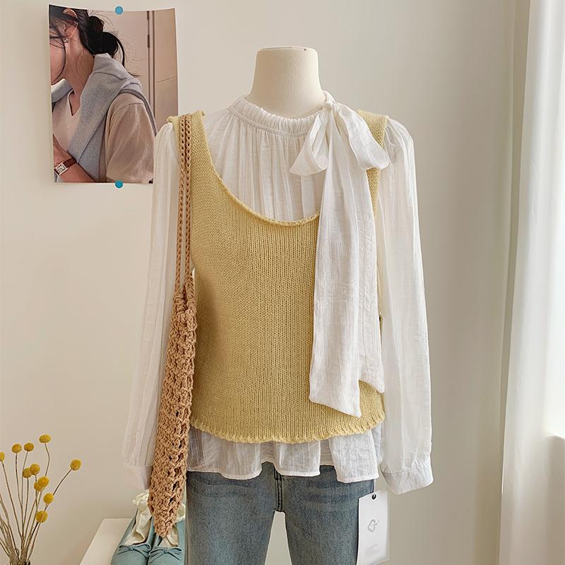 花花家2025开春新款简约风气质设计感衬衫女减龄针织马甲两件套装