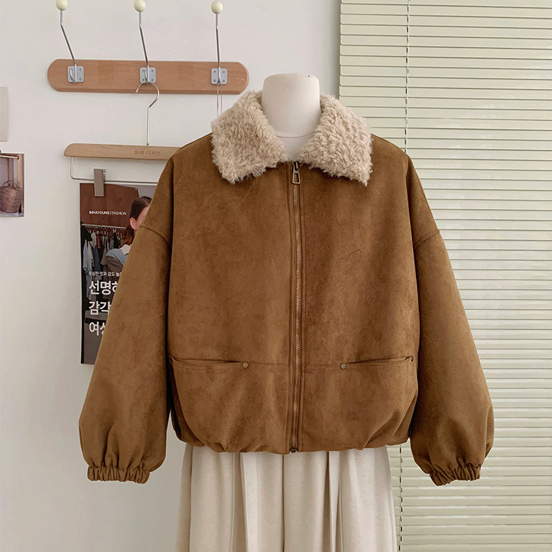 花花家韩系2025秋冬新款复古夹棉保暖短外套女羊羔绒宽松百搭夹克