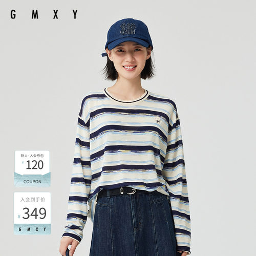 古木夕羊简约时尚圆领条纹长袖毛衣女春季新款GS510034004