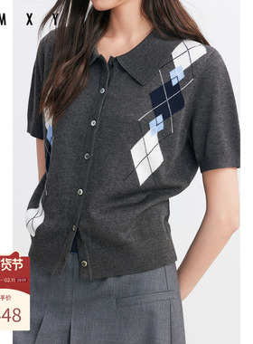 古木夕羊气质显瘦菱形格设计翻领开衫毛衣女2025秋季GR550034015