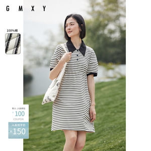 古木夕羊减龄纯棉条纹连衣裙女夏季小众抽绳polo领T恤中长裙