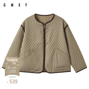 古木夕羊简约宽松包边撞色设计休闲棉服女菱格设计圆领外套