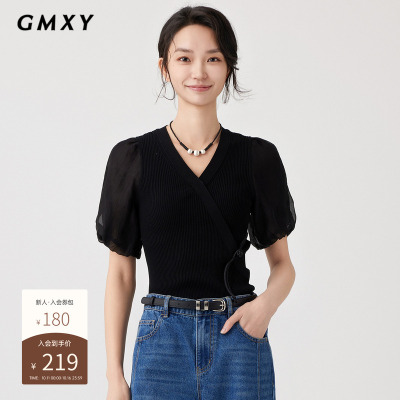 古木夕羊国风中式设计纯色拼接小衫女夏季减龄修身短袖上衣