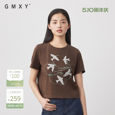 古木夕羊简约纯棉显瘦短袖印花T恤女夏季新款GS530091003